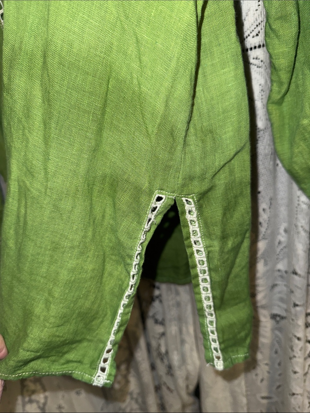 J. Crew Green Linen Embroidered Button-Up top - Picture 6 of 8